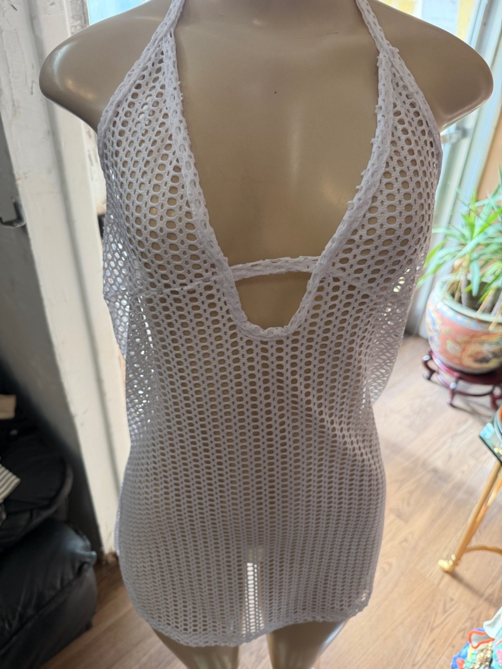 Fashion Nova White Crochet Halter Mesh Dress Cover-Up